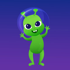 A happy and cute alien with big eyes smiles happily. The character is green and with a glass helmet on his head isolated on a purple-blue background.