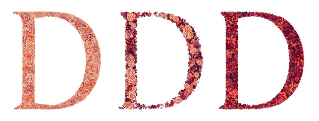 Watercolor letter D like rose bush with white background. 
Three type D letters - the first letter is from petals then the second letter is from petals and leaves and the third letter is from leaves.