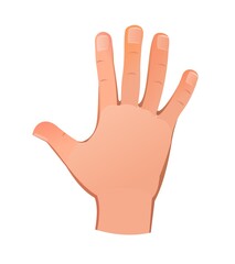 Hand raised up with five finger. Object isolated on white background. Funny cartoon style. Vector