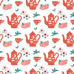 The red seamless pattern is in a vector illustration. This strawberry, chamomile tea print