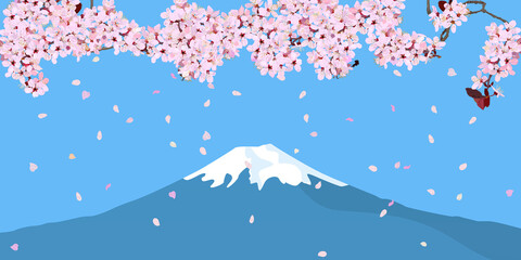 Fototapeta na wymiar Mt. Fuji seen beyond the cherry blossoms. background banner, vector illustration, copy space, website, header, poster, sign, flyer, greeting card, botanical, sky, mountain, spring, graphic, petals,