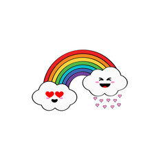 Cartoon rainbow, colorful rainbow decorated with hearts and clouds, colorful collection of graphic illustrations.
