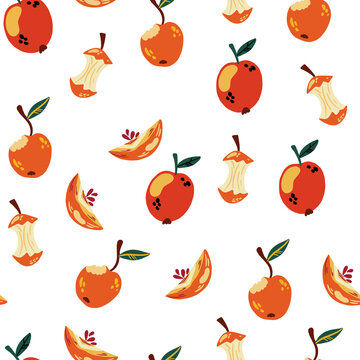 Apples seamless pattern. Sweet fruits background. Bitten off apple, half and core. Hand drawn beautiful background, wrapping paper, banner, textile, wallpaper. Cartoon vector illustration