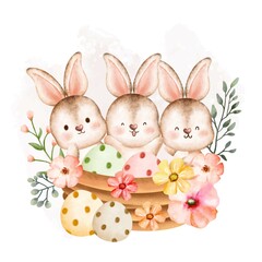 Watercolor Happy Easter rabbit with Easter eggs 