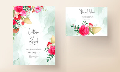 Beautiful hand drawn roses and mushroom wedding invitation card set