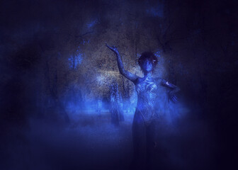 Fototapeta na wymiar 3D Dryad woman in night autumn forest