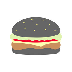 Cartoon black burger vector isolated illustration. Use in the menu, in the shop, in the bar, the card or stickers, icons, printing on the pack, printing on clothes.