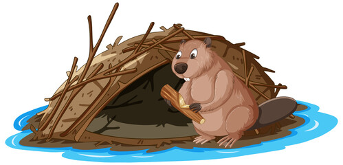 A beaver building a dam in cartoon style - obrazy, fototapety, plakaty