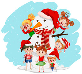 Christmas snowman with happy children cartoon character