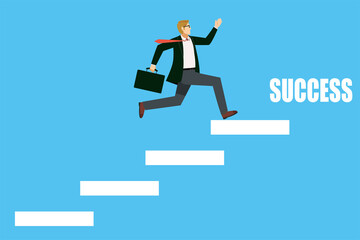 急ぐ、走る階段を上る8等身白人男性のビジネスマン会社員のアバター　インフォグラフィックス出世、成功