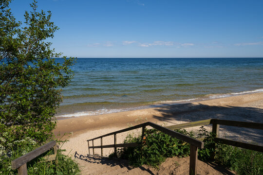 View over the popular beach (Knabackshusens strand) on the Swedish East Coast. Captured summertime.