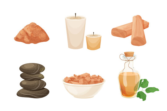 Set spa stones tower, aroma candles, incense sticks in bottle, sandal wood pieces and powdered in bowl, oil in cartoon style isolated on white background. Relax, wellness treatment concept.