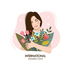 International Women's Day. Cheerful girl with a bouquet of flowers in a pink frame. Vector illustration.