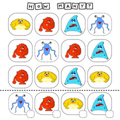 How many counting game with funny cute monsters. Preschool worksheet, kids activity sheet, printable worksheet
