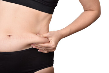 Fat woman holding excessive belly fat, Overweight woman check out her obesity, Woman muffin top waistline.