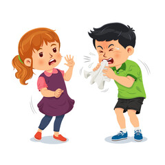 Little boy holds a handkerchief in his hand, coughing to a friend. Sick child concept. Vector illustration