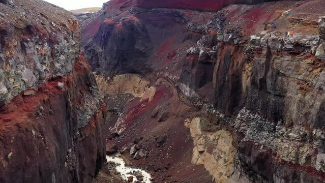 Aerial view on colorful Dangerous Canyon (Opasniy Canyon) near the Mutnovsky volcano on the Kamchatka Peninsula, Russia, 4k