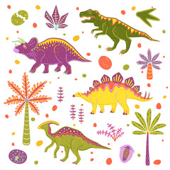 Set with colorful dinosaurs, palms and dinosaur eggs. Vector flat illustration collection