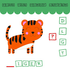 Find the first letter of the word TIGER and connect. Educational game for children.
