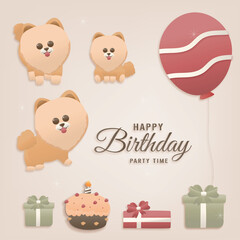 Happy birthday cute dog Character template design elements for party invitations. 3 brown pomeranian dogs, gifts, cakes, balloons for decoration. Paper And Craft Style Vector Illustration