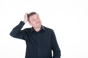 man thinking looking up empty copy space and hand behind head