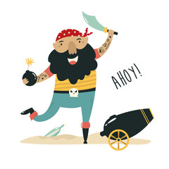 Vector composition with a cheerful pirate with sword, bomb and artillery gun