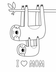 Cute cartoon coloring page with Sloth mom and baby. Mother's Day vector printable worksheets for preschool © NadezdaBarkova