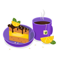 Mug of hot tea and a plate with chocolate-lemon slice of cake. Decoration with lemon and leaves. Vector graphic.	