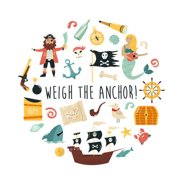 Vector composition with colorful pirate characters and symbols of piracy.