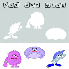 Vector illustration of mead monsters lacking the desired element. paper game for the development of preschoolers. Cut out parts of the image and glue on the cute heroes. A fun game for kids and kids