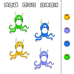 worksheet vector design, the task is to cut and glue a piece on colorful  monsters.  Logic game for children.