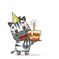 Zebra celebrating a birthday in a cap with a cake and a candle. Vector illustration for designs, prints and patterns. Isolated on white background