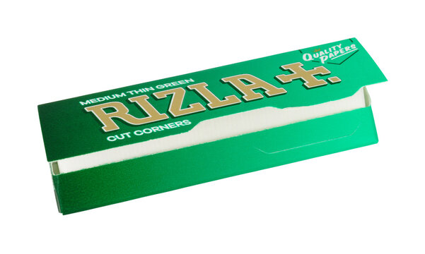 Packet of Rizla green medium thickness cigarette hand rolling papers with cut corners