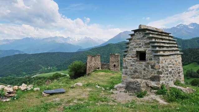 Panorama view of medieval building and ruin in Ingushetia, Russia, Northern Caucasus, 4k