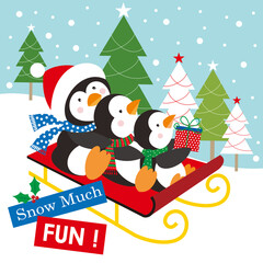 christmas card with penguins and sleigh
