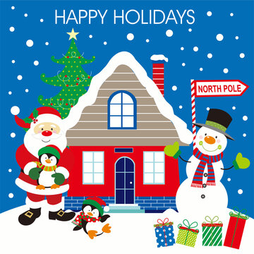 christmas card with snowman, santa, penguin and house