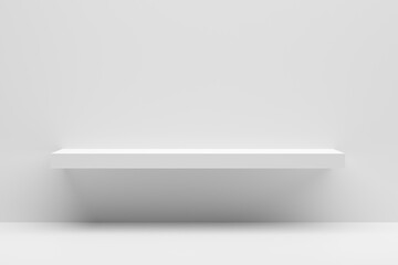 Front view of empty white shelf mounted on a white wall with white table showcase. © Cagkan