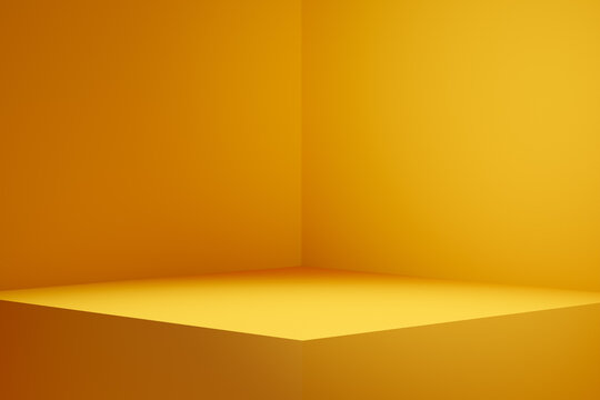 Empty pedestal display on yellow background with blank stand for product show or presentation.