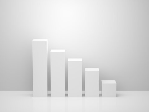 Descending bar chart graph with white wall background. Business or economy decline crisis, and failure