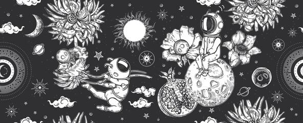 Astronauts, planets and flowers. Seamless pattern. Space illustration Surrealism. © Tutsi_N