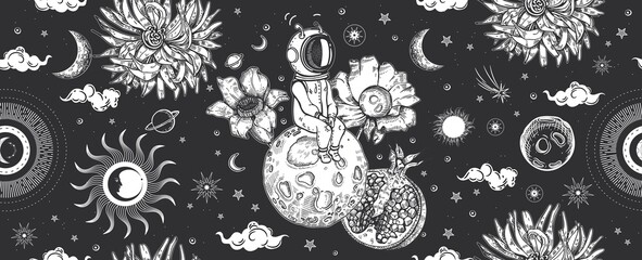 Astronauts, planets and flowers. Seamless pattern. Space illustration Surrealism.