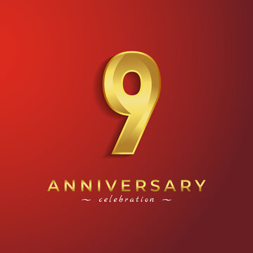 9 Year Anniversary Celebration with Golden Shiny Color for Celebration Event, Wedding, Greeting card, and Invitation Card Isolated on Red Background