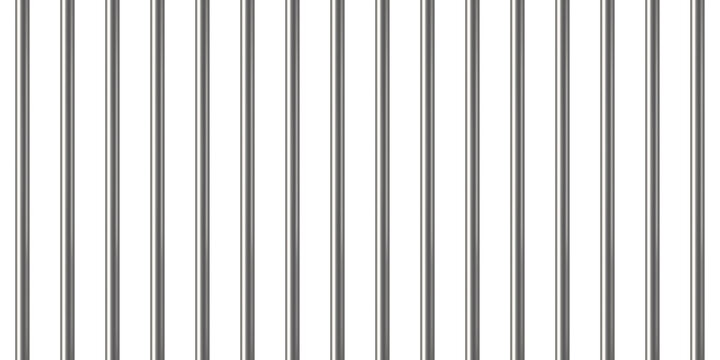 Realistic prison metal bars. Prison fence. Jail grates. Iron jail cage. Metal rods. Criminal grid background. Vector pattern. Illustration isolated on white background.