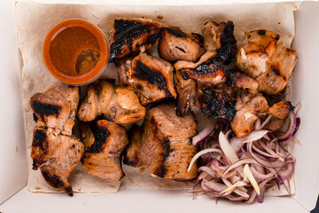 Grilled Pork Shish Kebab in Box Ready For Delivery