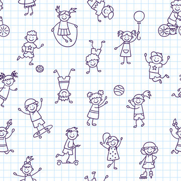 Seamless pattern with doodle children. Hand drawn funny little kids play, run and jump. Cute children drawing. Vector illustration in doodle style on squared notebook background.