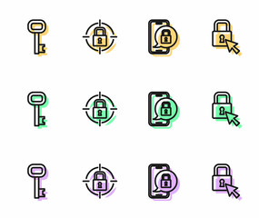 Set line Mobile with closed padlock, Old key, Lock and icon. Vector