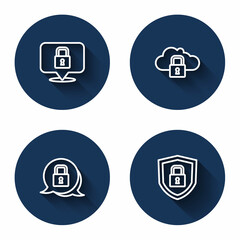 Set line Lock, Cloud computing lock, and Shield security with with long shadow. Blue circle button. Vector
