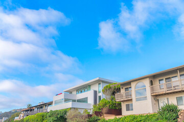 Low angle view of buildings with railings on the balconies at La Jolla, San Diego, California