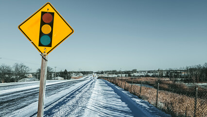 Road sign with snow covered road and sidewalk