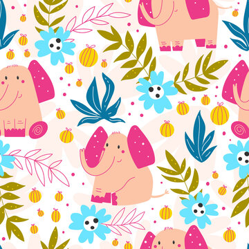 Seamless pattern with pink elephants